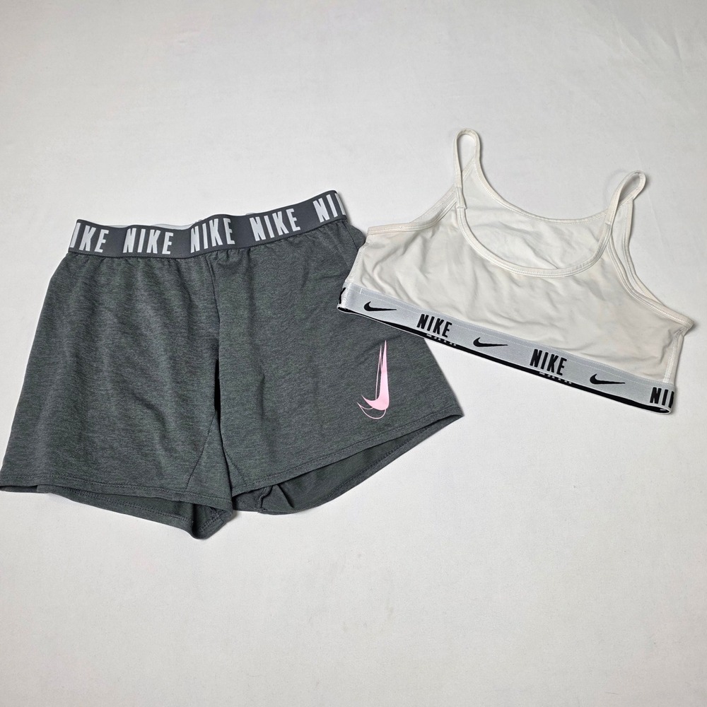 Nike Dri-Fit Activewear Set Girls XL Bra & M Shorts White‎ Gray Logo Gym Workout
